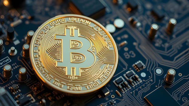 A golden bitcoin coin sits prominently on a detailed circuit board, showcasing the intricate technology behind cryptocurrency in a modern, high-tech atmosphere.