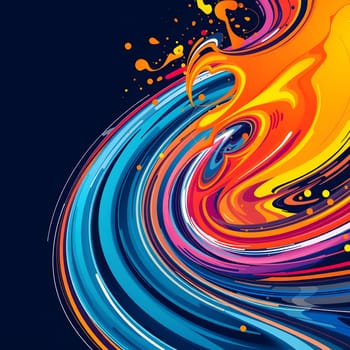 Vibrant colors swirl together, creating an energetic flow that captures movement and emotion against a dark backdrop, evoking a sense of creativity and dynamism.