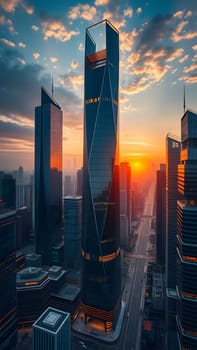 A vibrant sunset casts a warm glow over modern skyscrapers in a lively urban landscape. Buildings reflect the orange and blue hues of the sky, creating a stunning cityscape.