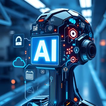The advanced robot head showcases glowing AI symbols amidst a high-tech laboratory, illustrating the fusion of artificial intelligence and technology in a modern research space.