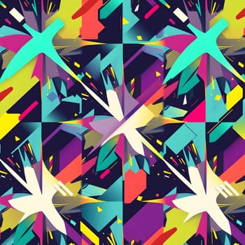 An abstract design showcases vibrant colors and geometric shapes, creating a lively visual effect. The pattern combines various hues, emphasizing creativity and modern art aesthetics.