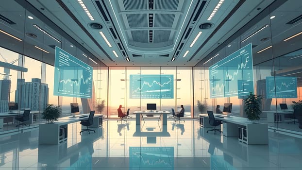 A contemporary office environment features sleek furniture and large screens showcasing data analysis. The sunset light casts a warm glow, enhancing the sophisticated atmosphere.