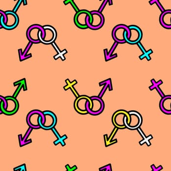 Bright seamless pattern with gender symbols of man and woman. High quality illustration