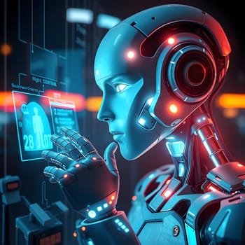 A humanoid robot interacts with a holographic display, analyzing vital information in a futuristic setting filled with glowing interfaces and advanced technology.