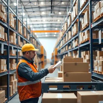 A warehouse worker checks paperwork while standing beside a cart filled with cardboard boxes in a well-organized storage area.