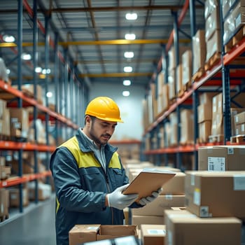 A warehouse employee in a hard hat is reviewing inventory records while surrounded by stacked cardboard boxes on shelves. They are focused on managing stocks efficiently in broad daylight.