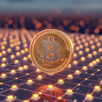 A Bitcoin coin stands out prominently against a glowing digital grid, with warm sunset hues reflecting off the surrounding circuitry, symbolizing the fusion of technology and finance.