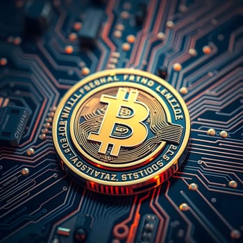 A detailed view of a Bitcoin coin resting on a circuit board, highlighting the intricate connections and electronic components surrounding it, showcasing the blend of finance and technology.