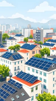 A vibrant urban setting showcases numerous buildings with solar panels on their rooftops. The scene is set against a clear blue sky, indicating a sunny day.
