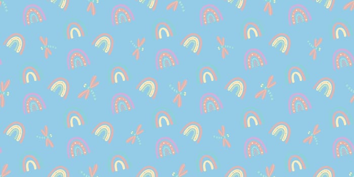 Cute rainbow and dragonfly seamless pattern. Scandinavian pattern in muted pastel colors. Hand-drawn illustration. Design for textiles, packaging, wrappers