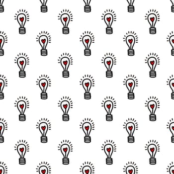 Seamless pattern with light bulbs with a heart on a white background illustration in doodle style. Design for Valentines Day, Wedding, Invitations