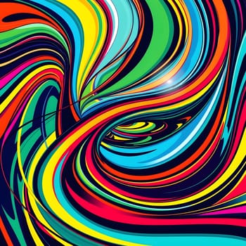 Dynamic swirling patterns in vivid colors create a mesmerizing visual effect. The design showcases flowing lines and bold hues, captivating the viewer with its energy and creativity.