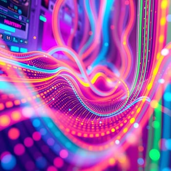 Streaming colorful waves weave through the darkness, illuminated by bright lights. The mesmerizing patterns evoke a sense of motion and digital artistry in a captivating display.