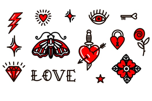 Valentines Day love symbols in old school style illustration for Valentines Day Design, stickers, tattoos