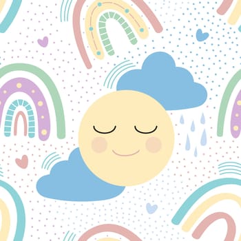 Cute rainbow and dragonfly seamless pattern. Scandinavian pattern in muted pastel colors. Hand-drawn illustration. Design for textiles, packaging, wrappers
