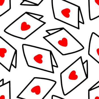 Seamless pattern with postcards with hearts illustration in doodle style. Design for Valentines Day
