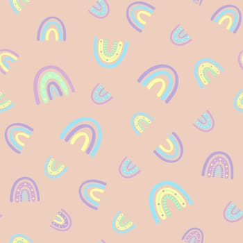 .Abstract rainbow seamless pattern. Childrens pattern in muted pastel colors. Hand-drawn illustration. Design for textiles, packaging, wrappers