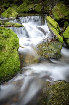 Small river cascade and mossy green rocks in the mountains of north Idaho.