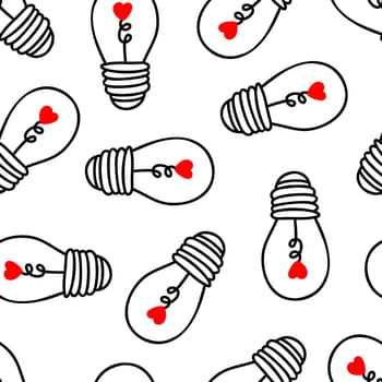 Seamless background with light bulbs with a heart on a white background. Design for Valentines Day, Wedding, Invitations