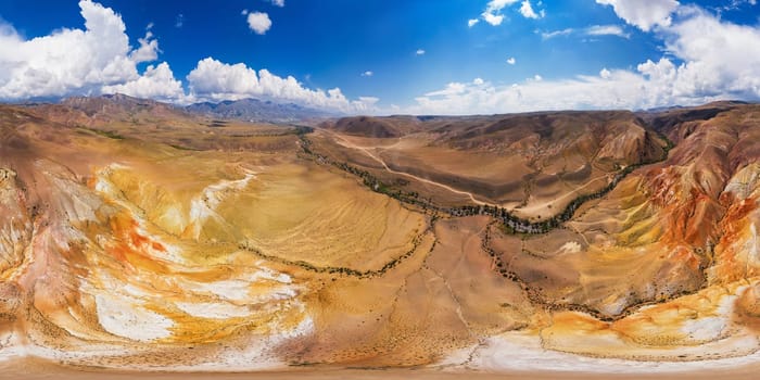 Full 360 equirectangular spherical panorama of eroded landform of Altai mountains. Nature landscape called Mars, Altai Republic, Russia, aerial drone shot, virtual reality content.