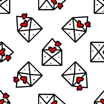 seamless pattern of envelope with love letter and hearts isolated on white background