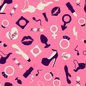 Adult toys seamless pattern flat illustration. Valentines day design, wrappers, textiles, printing