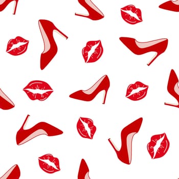 Glamorous red shoes seamless pattern illustration. Design for beauty industry, wrappers, greeting cards, packaging, textiles, printing, Valentines Day