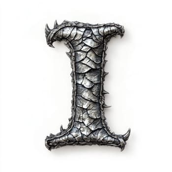 The letter I features an elaborate design, showcasing a textured, spiky surface resembling scales or leaves. Its metallic hues catch the light, creating a visually striking effect.