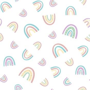 Cute rainbow and dragonfly seamless pattern. Scandinavian pattern in muted pastel colors. Hand-drawn illustration. Design for textiles, packaging, wrappers