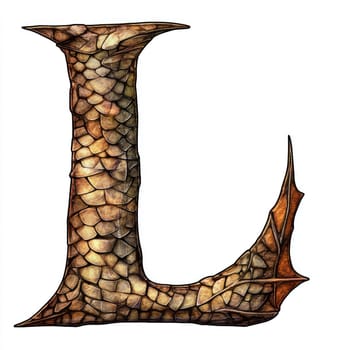 A decorative letter L is crafted with intricate dragon scale patterns, showcasing a blend of earthy tones and artistic detail. Its unique design makes it a striking visual piece.
