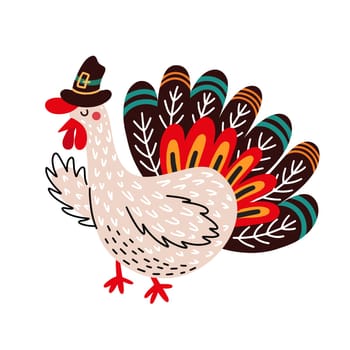 Bright colorful illustration of traditional Thanksgiving symbol of cute funny turkey in hat isolated on white background