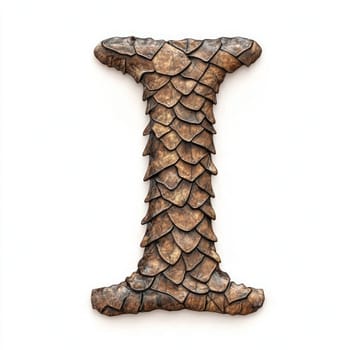 A unique letter “I” crafted from a series of textured scales, resembling a natural element. The design features a rich, earthy color palette, showcasing the intricate details of each scale.