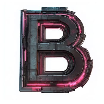 The letter B displays a unique industrial design featuring intricate mechanical elements and vibrant lighting. This artistic piece showcases a blend of technology and creativity.