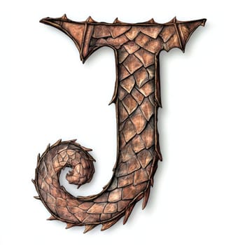 The letter J features intricate scale-like patterns and a curled tail, evoking a fantasy theme. The metallic texture adds depth, making it a captivating decorative piece.
