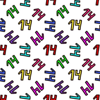 Seamless pattern with multicolored number 14 illustration. Design for Valentines Day