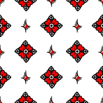 Red flower style old school tattoo seamless pattern. illustration in doodle style. Design for textiles, paper, wrappers