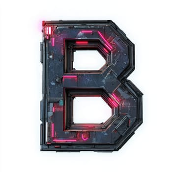 The letter B displays a unique industrial design featuring intricate mechanical elements and vibrant lighting. This artistic piece showcases a blend of technology and creativity.
