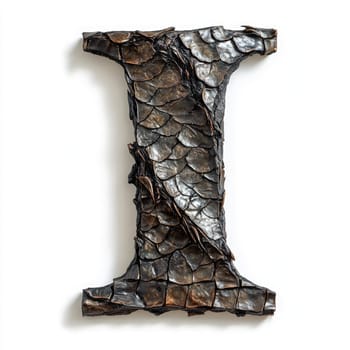 A unique letter I is designed using textured, scaled materials that mimic natural elements, showcasing creativity and craftsmanship. The piece emphasizes fine details and artistic flair.