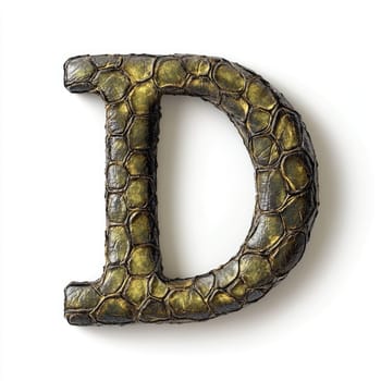 This design features a textured, scaly 3D letter D, highlighting artistry and creativity with vibrant colors and intricate patterns.