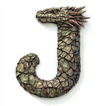 The letter J is artistically designed to resemble a serpent, featuring scales and spikes, showcasing a unique blend of typography and fantasy art.