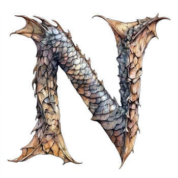 An intricate depiction of the letter N composed of reptilian scales and textures, showcasing artistic craftsmanship and creativity. The design features a blend of natural colors.