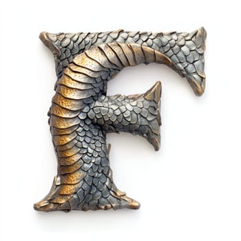 A decorative letter F showcasing a detailed dragon motif is displayed against a white background. The unique craftsmanship highlights scales and a vibrant finish, making it a striking piece.
