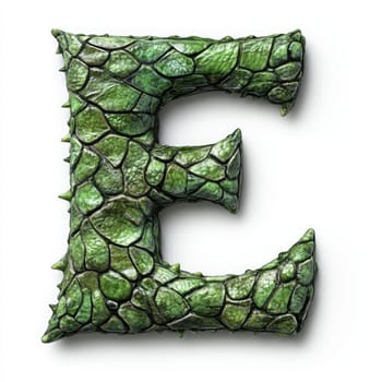 A creatively designed letter E features a unique green texture resembling scales and spikes, showcasing an artistic style perfect for graphic design projects or decorative elements.