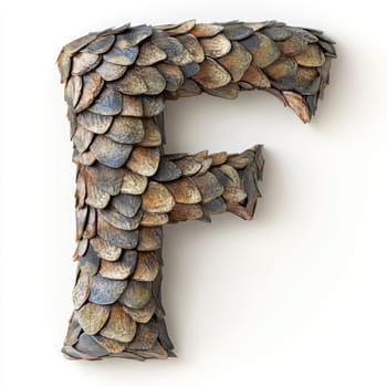 A unique letter F is artfully created using an arrangement of textured leaves, showcasing natural colors and shapes. It stands out against a simple white background.