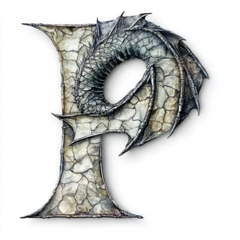 A detailed letter P showcases an intricate dragon design intertwined with its structure, featuring textured scales and a mythical essence that captures the imagination.