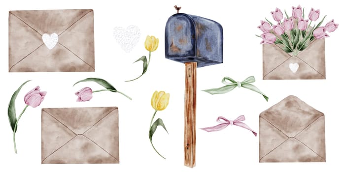 Mailbox watercolor set. Vintage blue letter container on a wooden stand. Letters, envelopes and flowers tulips. Isolated clip art on white background. Ideal for postcards for Postal Day, Postal Worker. High quality illustration