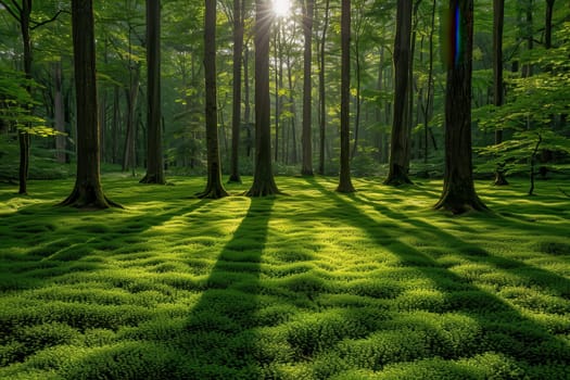 Sunlight filtering through trees in a lush green forest, illuminating the moss covered ground. A serene natural landscape depicting tranquility and beauty.