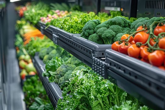 Fresh vegetables displayed in grocery store with vibrant greens and ripe tomatoes. Concept of healthy eating and nutrition
