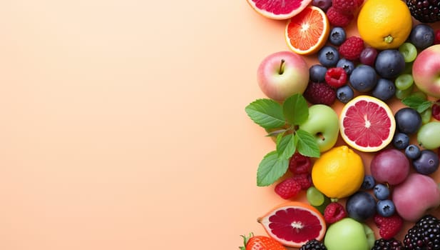 Colorful assortment of fresh fruits arranged on a peach background with leaves for a healthy lifestyle concept