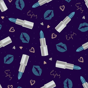 Glamorous fashion seamless pattern with lipstick and kisses in cool silver tones. Cosmetic seamless pattern in modern fashionable colors. Design for beauty, advertising, Valentines Day